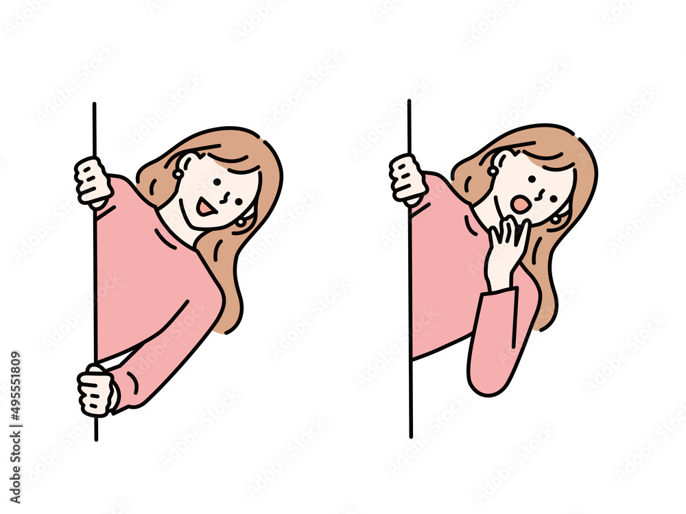 覗く、驚く女性のイラスト(迷う、疑問、好奇心、悩む、想像、心配) An illustration of a surprising woman peeping into it.Disturbed, questioned, curious, troubled, imagined, worried.