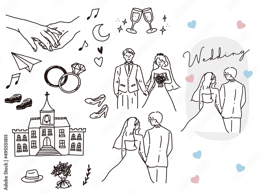 白黒、モノトーン、線画のイラスト(結婚式、カップル、夫婦、招待状、ウェルカムボード、指輪、新生活、幸せ) Illustrations of black and white, monotone, and line drawings.Weddings, couples, invitations, rings, happiness.
