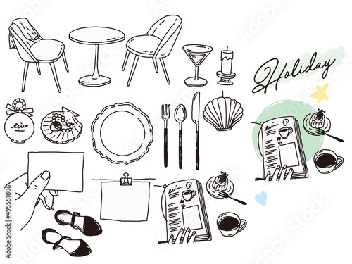白黒、モノトーン、線画のイラスト(手書き、オシャレ、ファッション、可愛い、インテリア、食器) Illustrations of black and white, monotone, and line drawings.Handwriting, fashion, fashion, cute, interior decoration, tableware.