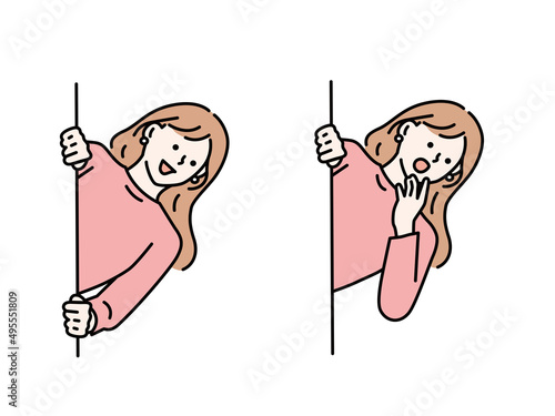 覗く、驚く女性のイラスト(迷う、疑問、好奇心、悩む、想像、心配) An illustration of a surprising woman peeping into it.Disturbed, questioned, curious, troubled, imagined, worried.