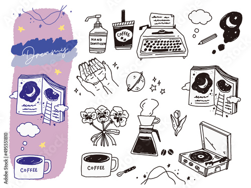 白黒、モノトーン、線画のイラスト(手書き、オシャレ、ファッション、宇宙、タイプライター、コーヒー) Illustrations of black and white, monotone, and line drawings.Handwriting, fashion, fashion, space, typewriter, coffee.
