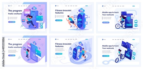 Set of landing pages about a healthy lifestyle. Isometric 3D and 2D illustrations. Group of people are testing a fitness bracelet and a mobile application. Speed, Strength, Pulse, Distance