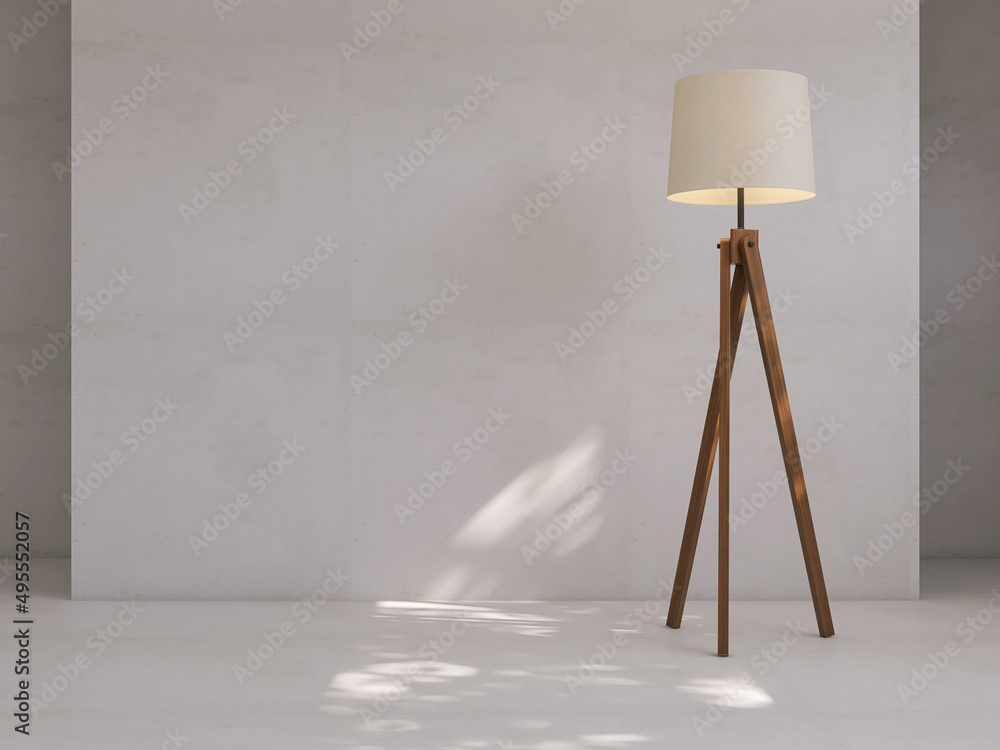 3D render mock up background, a vintage wooden tripod standing lamp with  cloth lampshade in a concrete loft gallery with sunlight and leaves shadow.  Backdrop, Space, Blank, Empty, Gray, Modern, Empty. ilustración