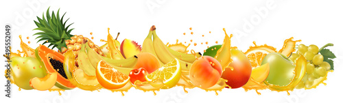 Fruit and berries in juice splash panorama. Orange, pineapple, mango, peach, papaya, banana, pear, orange, grap, pineapple, apple. Vector.