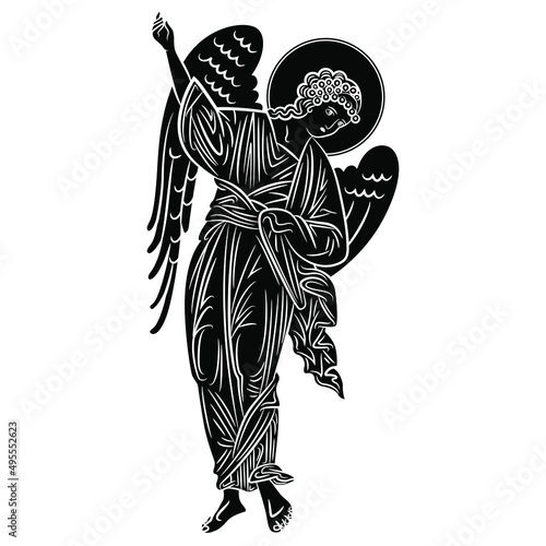 Winged medieval angel pointing up. Russian Orthodox Christian design. Isolated vector illustration. Black and white negative silhouette.