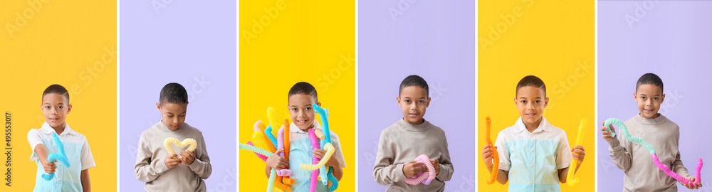 Set of little African-American boy with Pop Tubes on colorful background Set of little African-American boy with Pop Tubes on colorful background