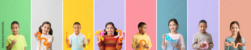 Set of little children with Pop Tubes on colorful background - obrazy, fototapety, plakaty 