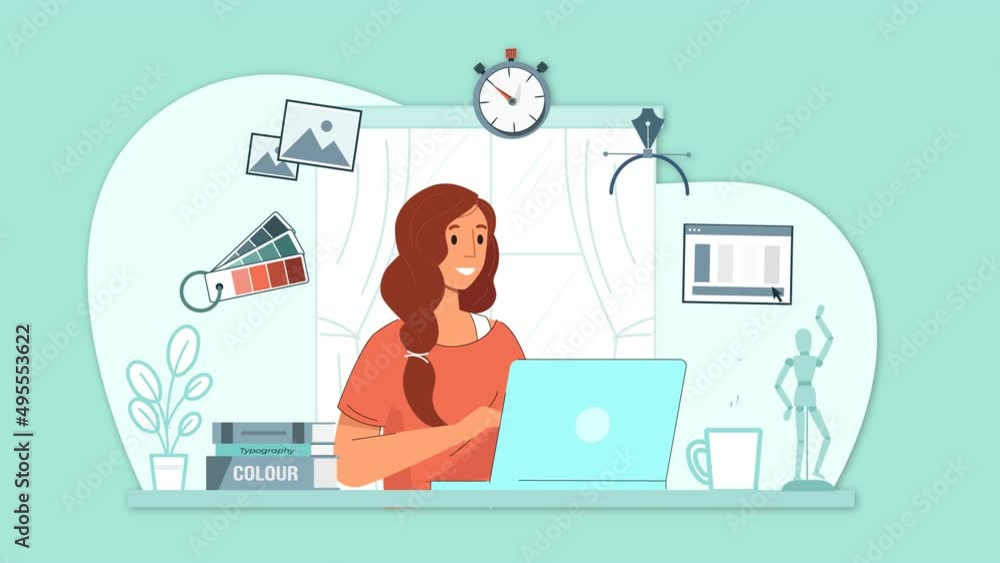 animacion joven mujer trabajando en su casa con su laptop. animacion joven mujer trabajando en su casa con su laptop.