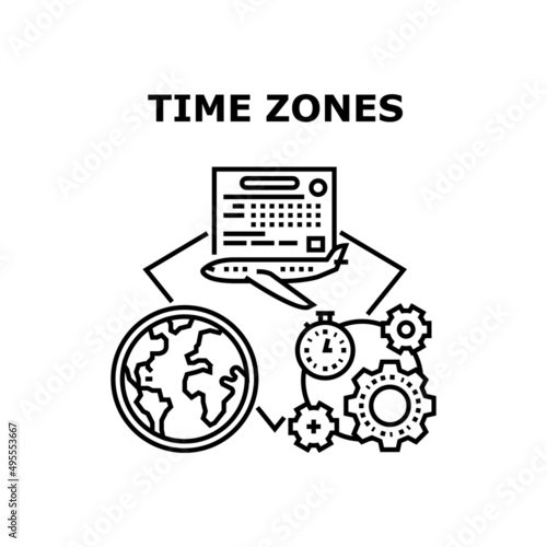 Time Zones World Vector Icon Concept. Time Zones World International Countries And Continent. Changing Hours, Flying Airplane From Europa To America Or From Asia To Africa Black Illustration