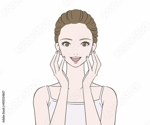 頬に手をあてる笑顔の女性