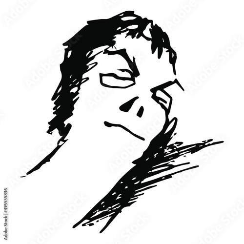 Funny human head with closed eyes. Sleeping smiling man. Hand drawn linear doodle rough sketch. Black silhouette on white background.