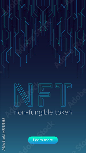 NFT concept, blockchain technology, cryptocurrency. Non-fungible token Work. Futuristic background, with elements in techno style microchips. Banner template design for web. Copyspace.