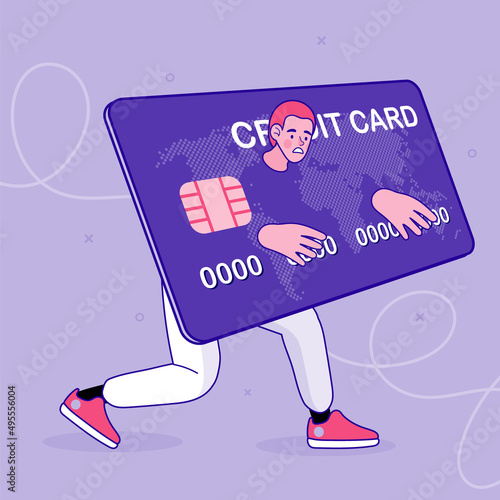 Debt from a credit card, a financial problem. A panicked man is trapped by his loan, symbolizing the stress of overspending and bankruptcy. Vector concept for a financial crisis and consumerism.