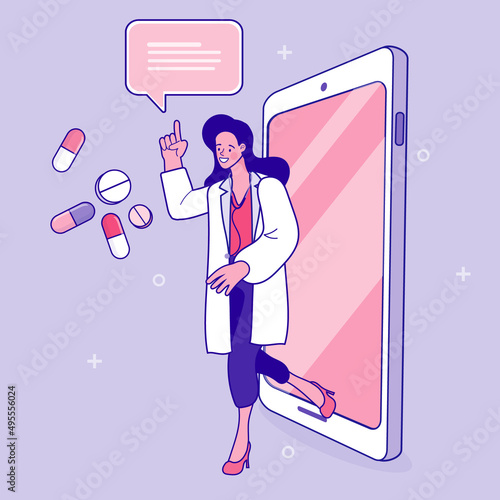 Online doctor concept. Telemedicine and online healthcare. Personal doctor giving advice for patient landing page website. illustration vector flat.