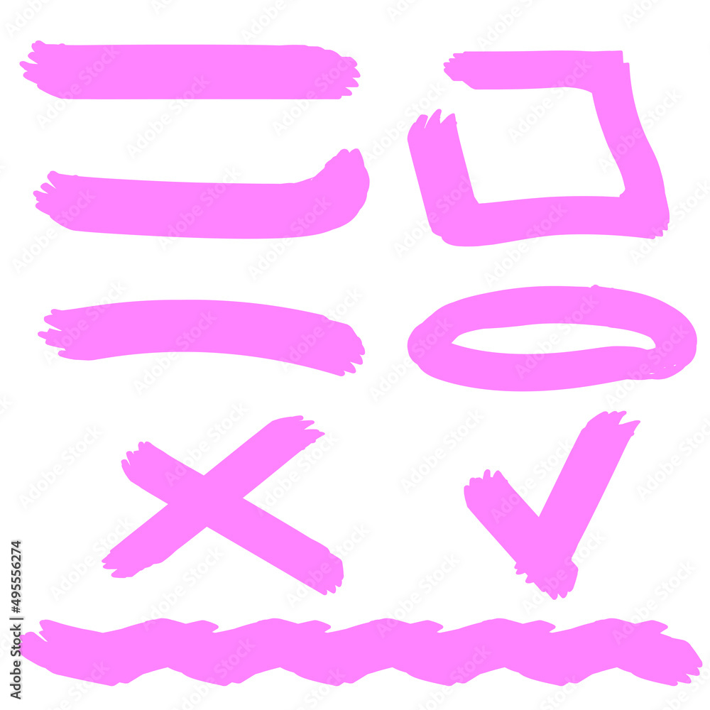 Pink line pen. Brush stroke. Check mark icon. Doodle set element. Vector illustration. stock image.