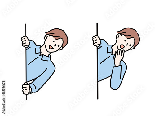 覗く、驚く男性のイラスト(迷う、疑問、好奇心、悩む、想像、心配) An illustration of a surprising man peeping into it.Disturbed, questioned, curious, troubled, imagined, worried.