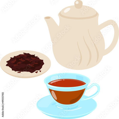 紅茶の茶葉とティーカップとティーポット