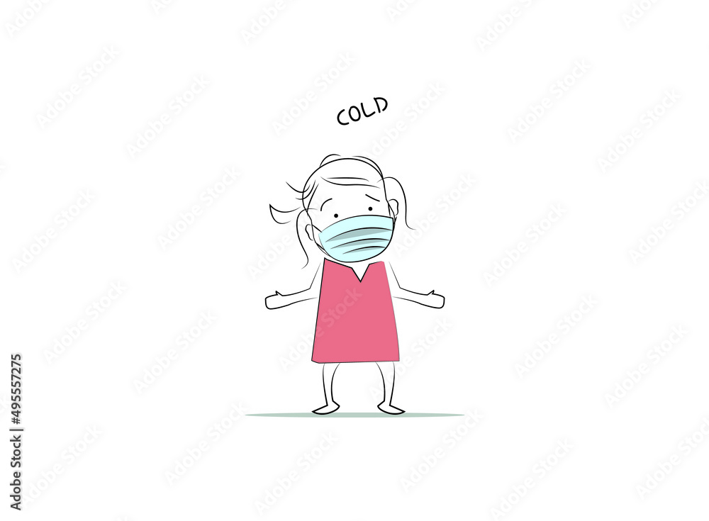 Cold. mask. Doodle style character. An illustration of simple human movements and emotions.
