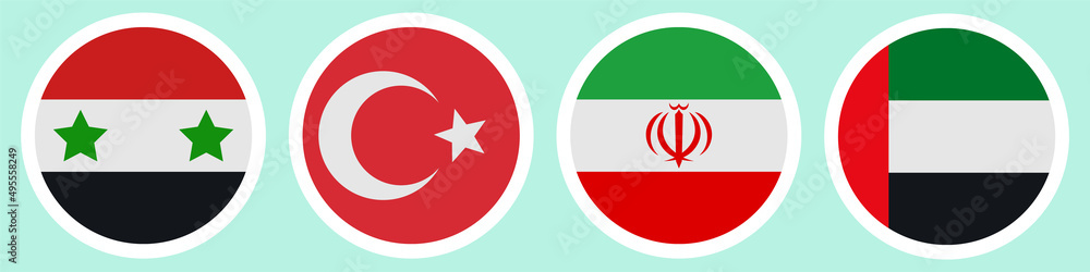 Flags of different countries. A set of stickers on a white backing. Collection of vector icons. Isolated background. Syria, Turkey, Iran, United Arab Emirates. National symbol of the state. Political Flags of different countries. A set of stickers on a white backing. Collection of vector icons. Isolated background. Syria, Turkey, Iran, United Arab Emirates. National symbol of the state. Political