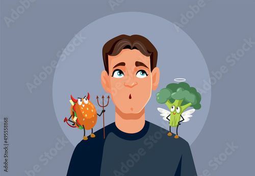 Man Thinking What to Eat Choosing Between Healthy and Unhealthy Food