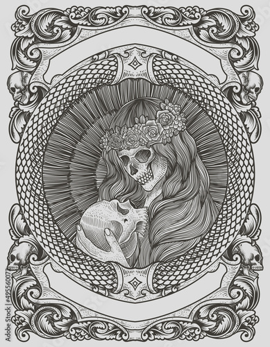 illustration sugar skull woman with engraving style