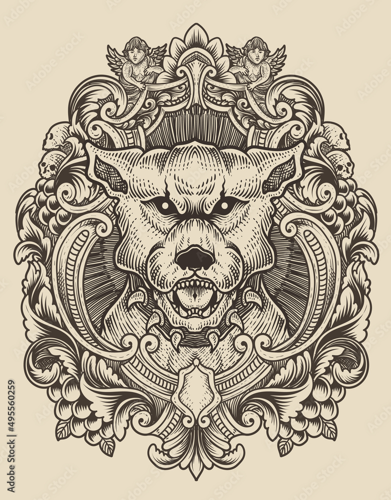 illustration vintage dog with engraving style