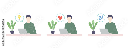 パソコン　ひらめく男性 セットイラスト