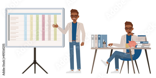 Set of Accountant man wear cream color suit character vector design. Presentation in various action. People working in office planning, thinking and economic analysis.