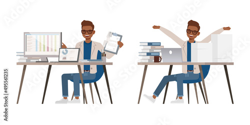 Set of Accountant man wear cream color suit character vector design. Presentation in various action. People working in office planning, thinking and economic analysis.