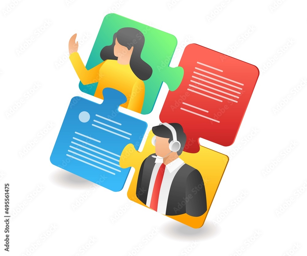 Flat isometric illustration concept. customer service conversation puzzle with clients Flat isometric illustration concept. customer service conversation puzzle with clients