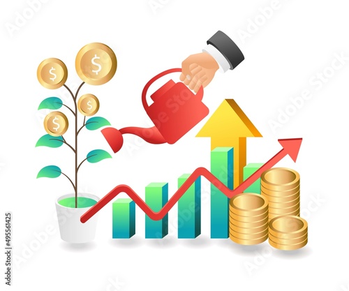 Flat isometric concept illustration. Water the cash crop and the business grows