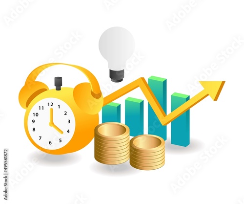 Flat isometric illustration landing page concept. income data analysis time