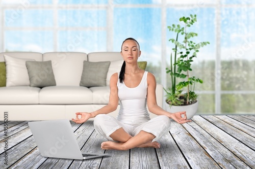 Woman sit cross-legged on yoga with laptop, do meditation practice. Remote e coach training, modern tech, Free Download Woman sit cross-legged on yoga with laptop, do meditation practice. Remote e coach training, modern tech, - GFXLoad