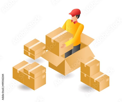 Flat isometric illustration landing page concept. delivery man with goods