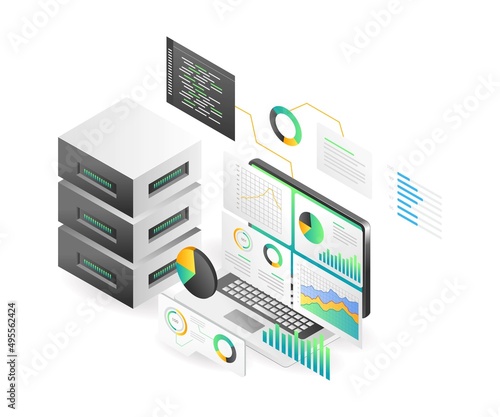 Landing page concept flat isometric illustration. cloud server transformation digital analyst data monitoring