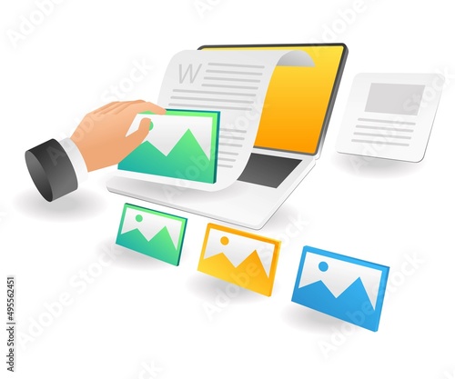 Flat isometric illustration landing page concept. put an image portfolio in the content blog article