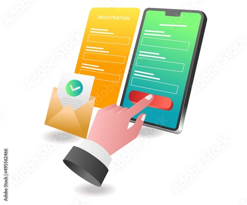 Flat isometric illustration landing page concept. registration by e-mail