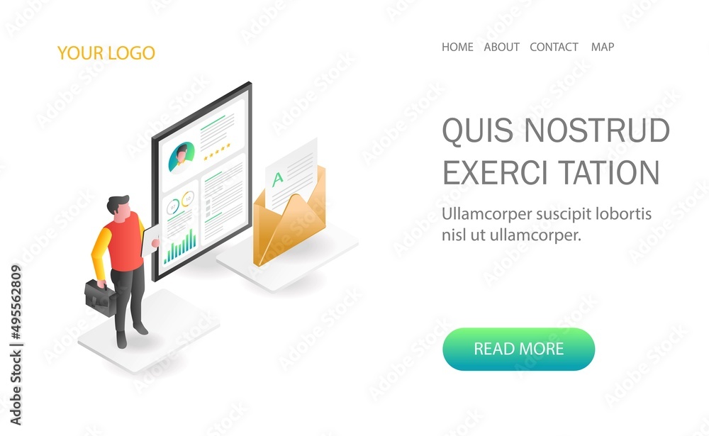 Landing page concept flat isometric illustration. monitoring data analysis of new candidates Landing page concept flat isometric illustration. monitoring data analysis of new candidates