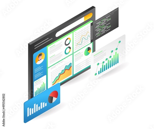 Landing page concept flat isometric illustration. monitor new candidate data analysis