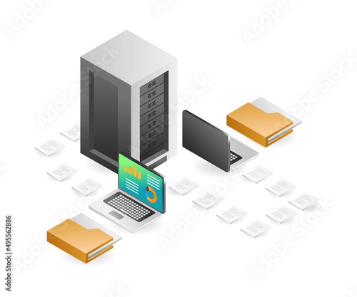 Landing page concept flat isometric illustration. server computer data transfer