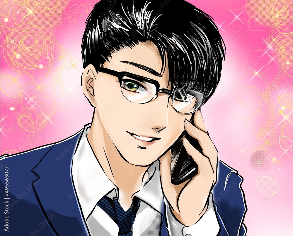 漫画イケメン眼鏡会社員クライアントと携帯で話すお仕事イラスト Stock Illustration Adobe Stock