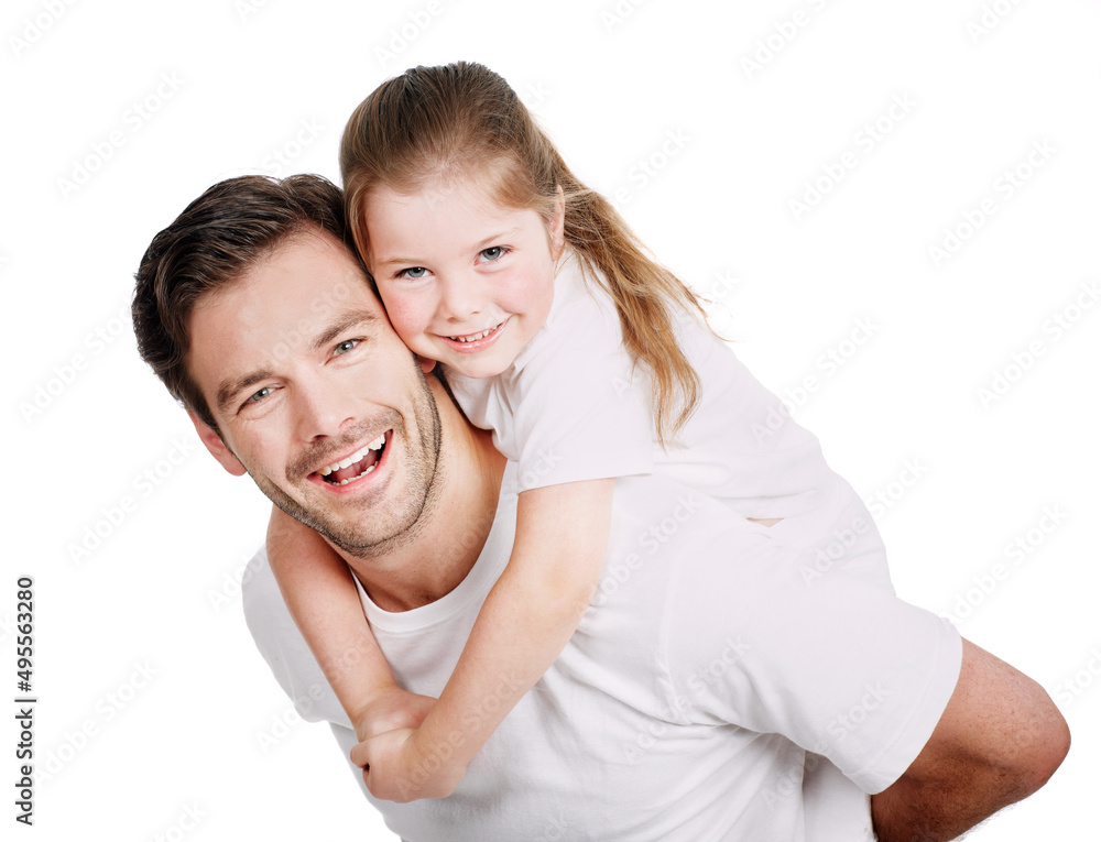 Giving his little girl a piggyback ride. Studio shot of a young dad carrying his little girl on his back. Giving his little girl a piggyback ride. Studio shot of a young dad carrying his little girl on his back.