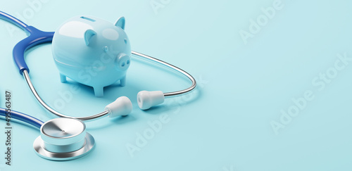 Top view of medical stethoscope and piggy bank on cyan background. Investment in health insurance and wealth concept. 3d rendering photo