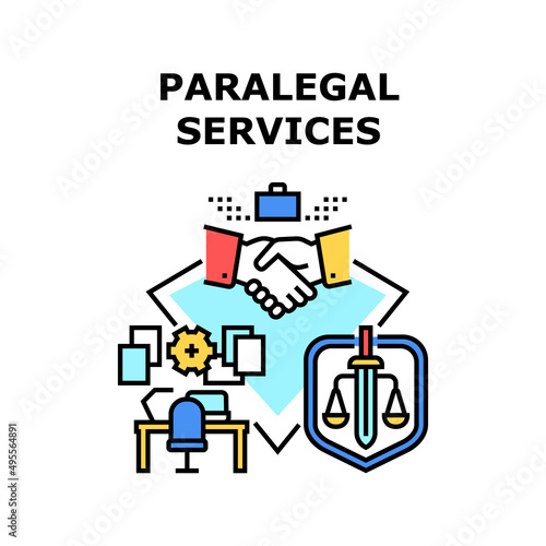 Paralegal Services Vector Icon Concept. Paralegal Services Signing Agreement Law Company And Lawyer With Client. Office Workplace For Researching Documentation, Paperwork Color Illustration