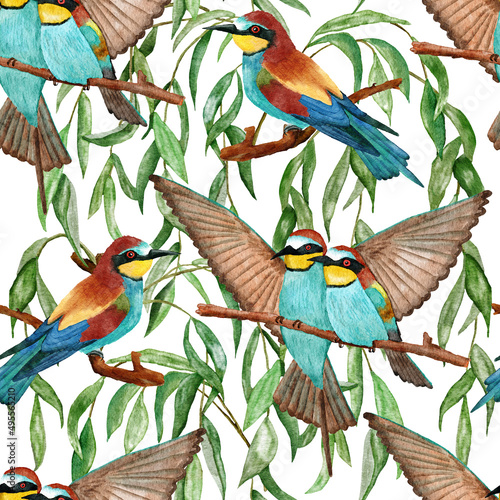 Watercolor seamless hand drawn pattern with kingfisher bee-eater birds in forest woodland. Willife natural vintage background with floral leaves greenery, bird flying design. photo
