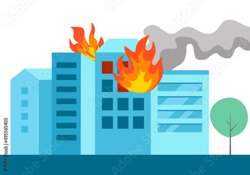 Fire burning tower of apartment building. Orange flames in the windows and smoke . Building fire flat design vector illustration.