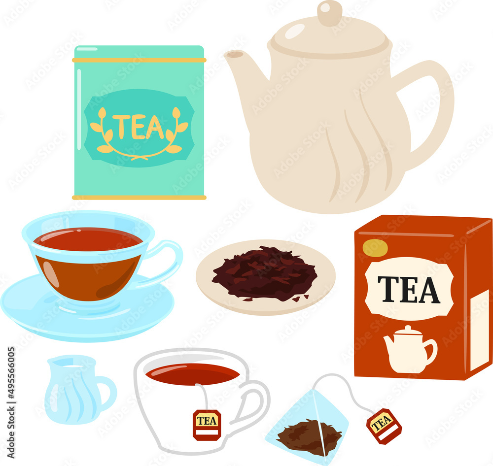 紅茶の茶葉やカップのイラストセット