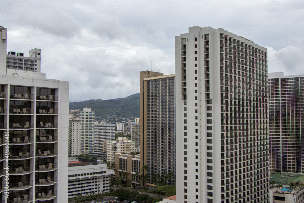 High rise hotels loom over the Waikiki Beach area of Honolulu, Hawaii