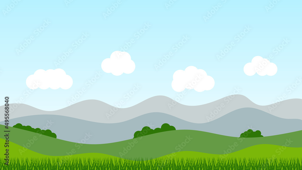 Fototapeta premium landscape cartoon scene with green hills and white cloud in summer blue sky background