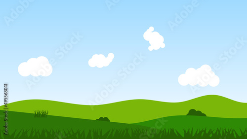 landscape cartoon scene with green hills and white cloud in summer blue sky background